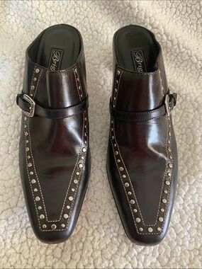 Brighton Black Leather Slip-On Heeled Loafers with Silver Studs